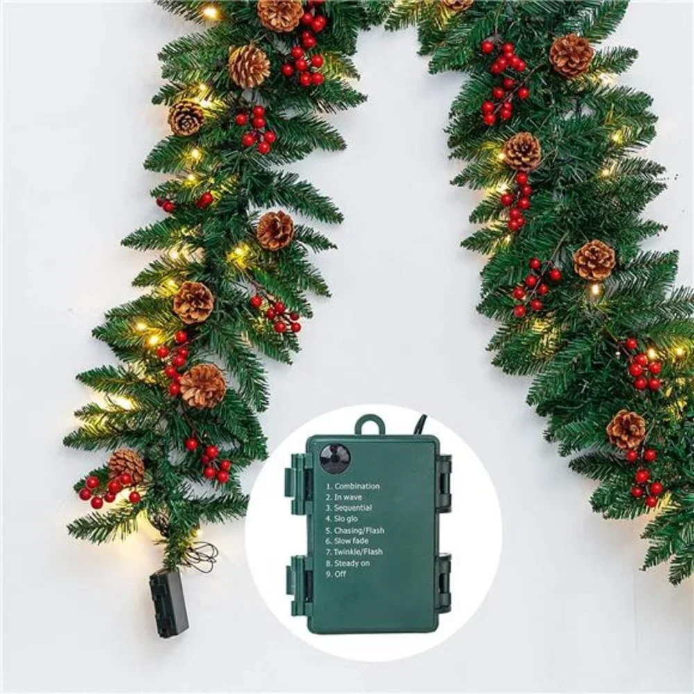 9Ft Christmas Garland Prelit with 100 LED Lights, 27 Pine Cones, 27 Red Berries